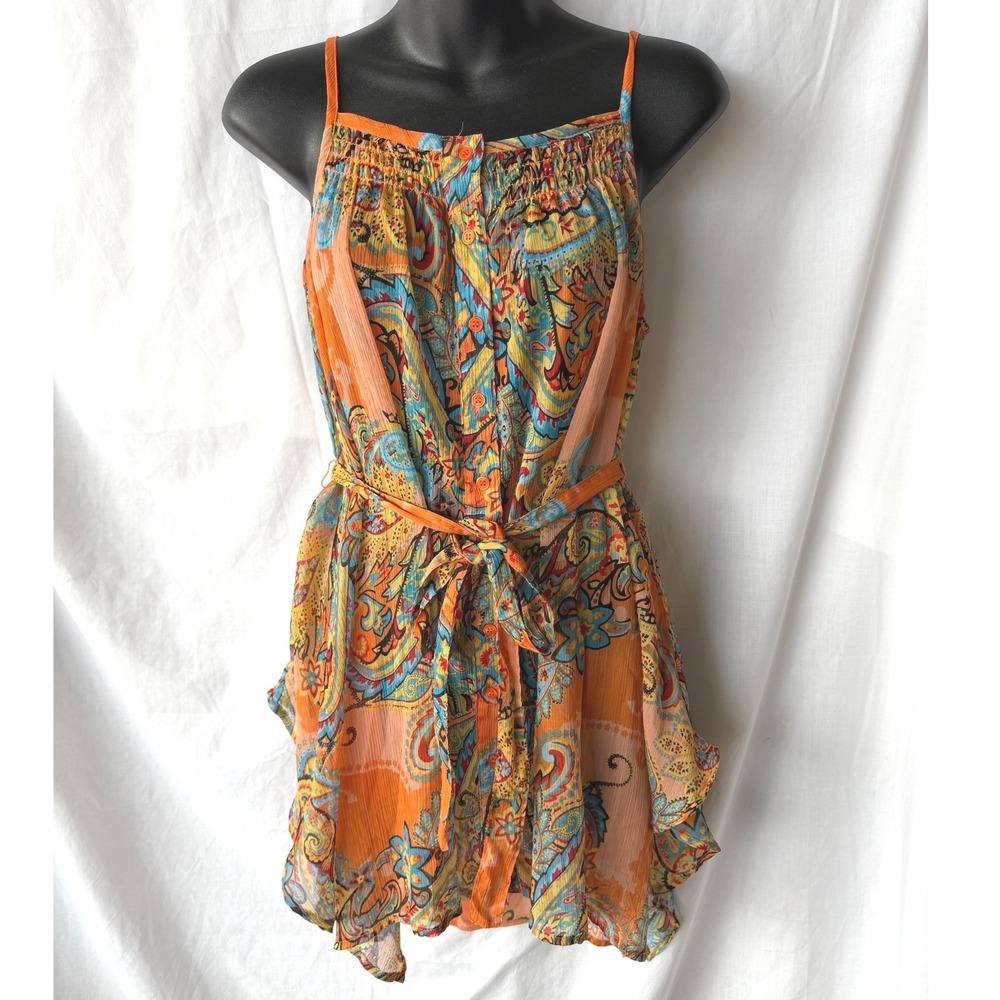 Daytrip Sheer Paisley Tank Orange Boho Chiffon Handkerchief Hem Festival Medium